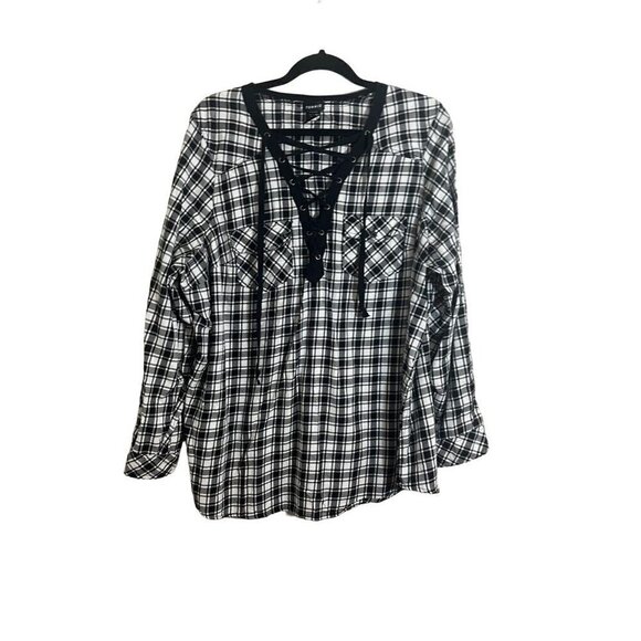 Torrid Top Women 18 Black Lace Up Plaid Preppy Classic Checks Neutral Festive - Picture 1 of 11